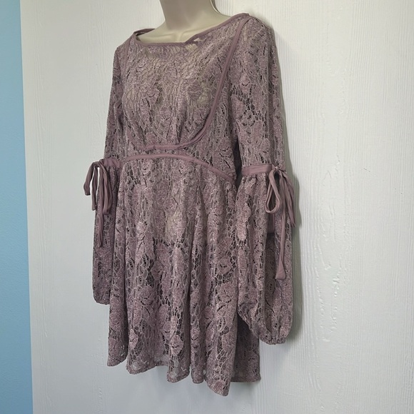Free People - Ruby Sheer Lavender Lace Above The Knee Tie Sleeves Mini Dress XS - Picture 7 of 12